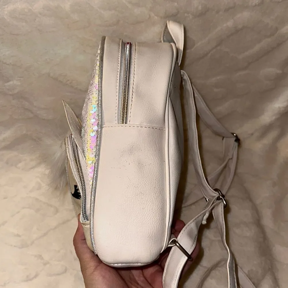 OMG White Rainbow Sequined Faux Leather Kitty Mini Backpack